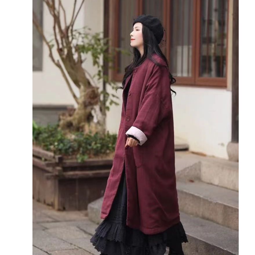 复古大版斜纹亚麻圆领中长款夹棉加厚外套女冬文艺百搭保暖棉服