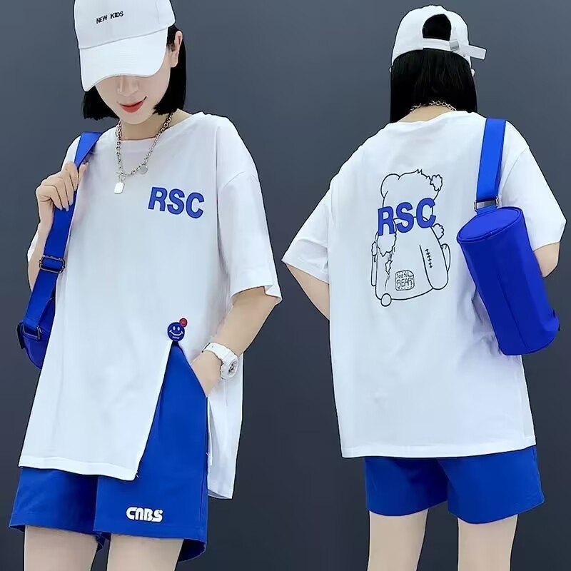 纯棉开叉小熊印花中长款T恤短袖女夏季2025新款韩版大码宽松上衣