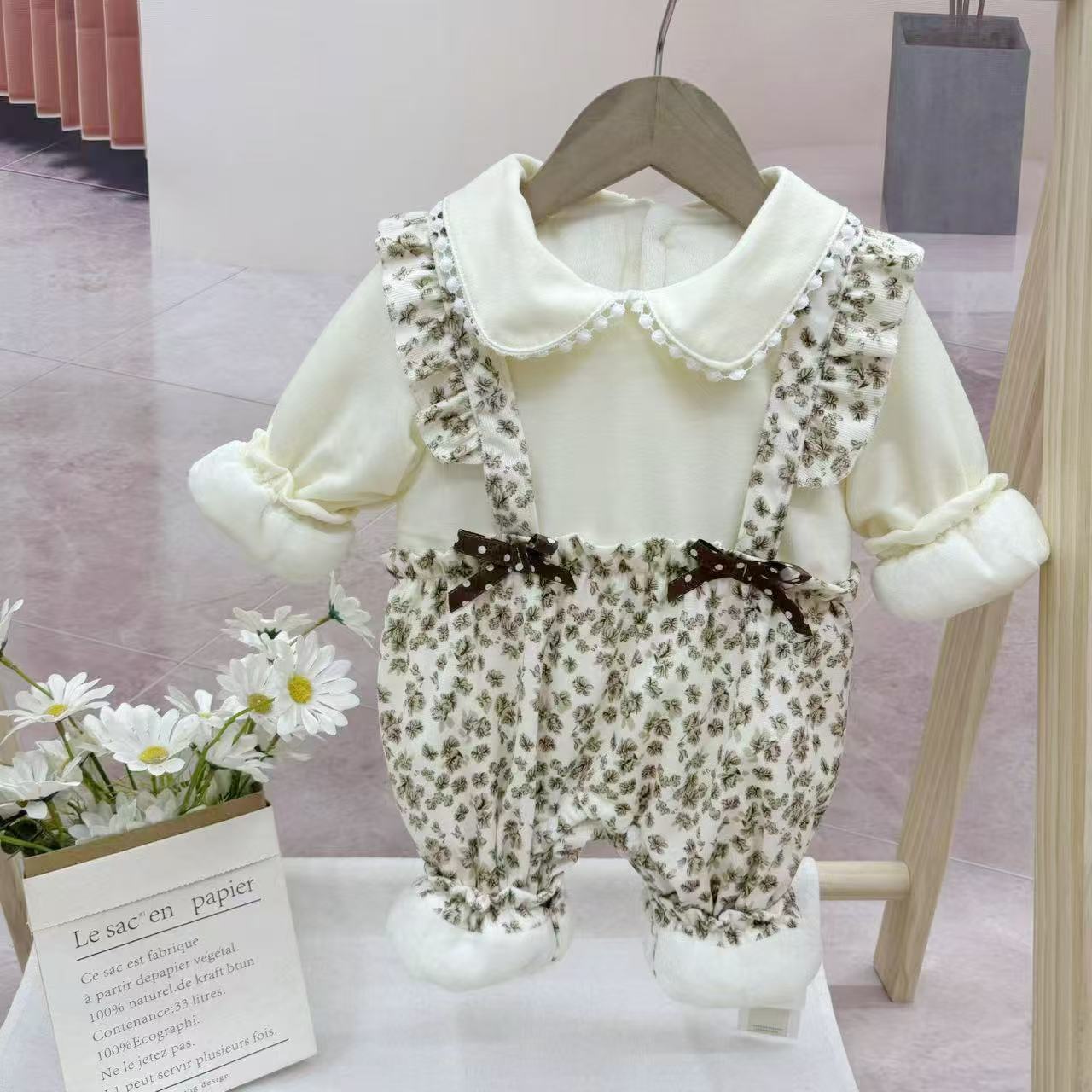 婴幼儿女宝宝秋冬新款碎花假两件加绒棉服碎花帽子外出服保暖爬服