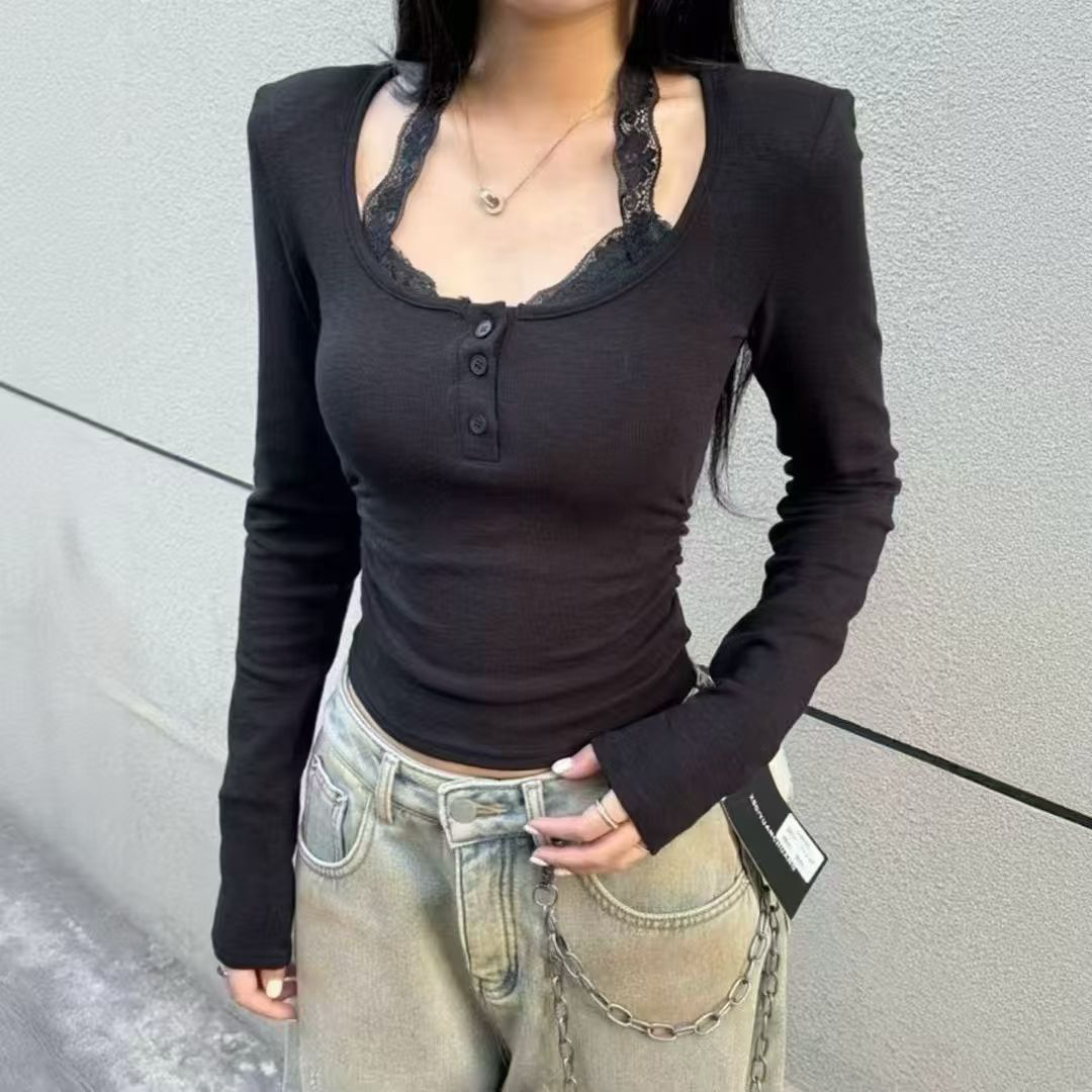  洁哥 韩系纯欲辣妹蕾丝拼接挂脖假两件加绒T恤上衣