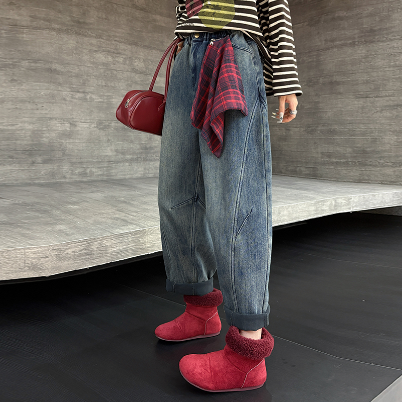大码女装加绒牛仔哈伦裤胖妹妹260斤巨显瘦裤子女款爆款2025新款