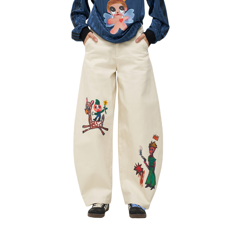 【奥体自播】MOF艺术家 小王子印花米色弯刀裤涂鸦阔腿休闲裤