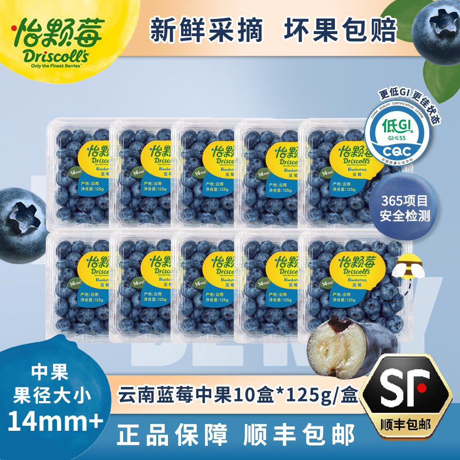 Driscoll's/怡颗莓云南新鲜蓝莓l25花香蓝莓14mm+ 125g/盒*10盒