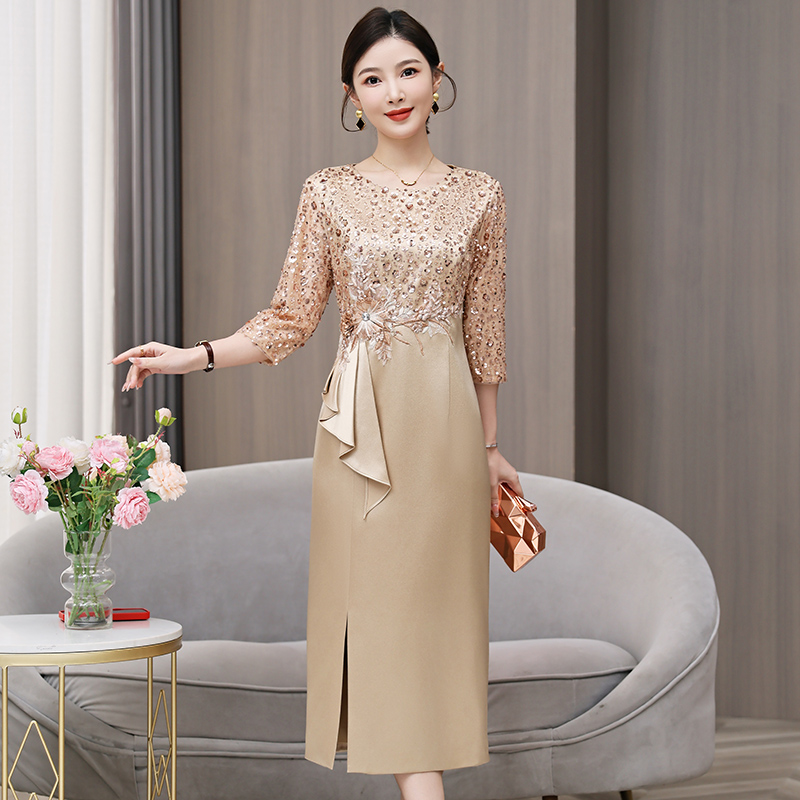 秋婚礼妈妈婚宴礼服喜婆婆装敬酒连衣裙修身显瘦显瘦气质长袖高贵