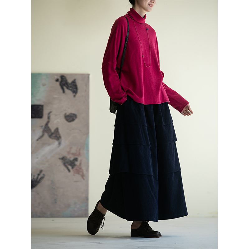 D牧衣游原创40支纯棉净色蛋糕半裙新款黑色宽松a字半身裙 琴韵生