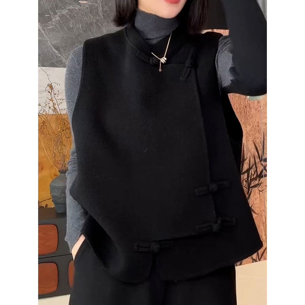 高级感时尚百搭双面毛呢马甲2025冬季新款中式立领盘扣坎肩外套