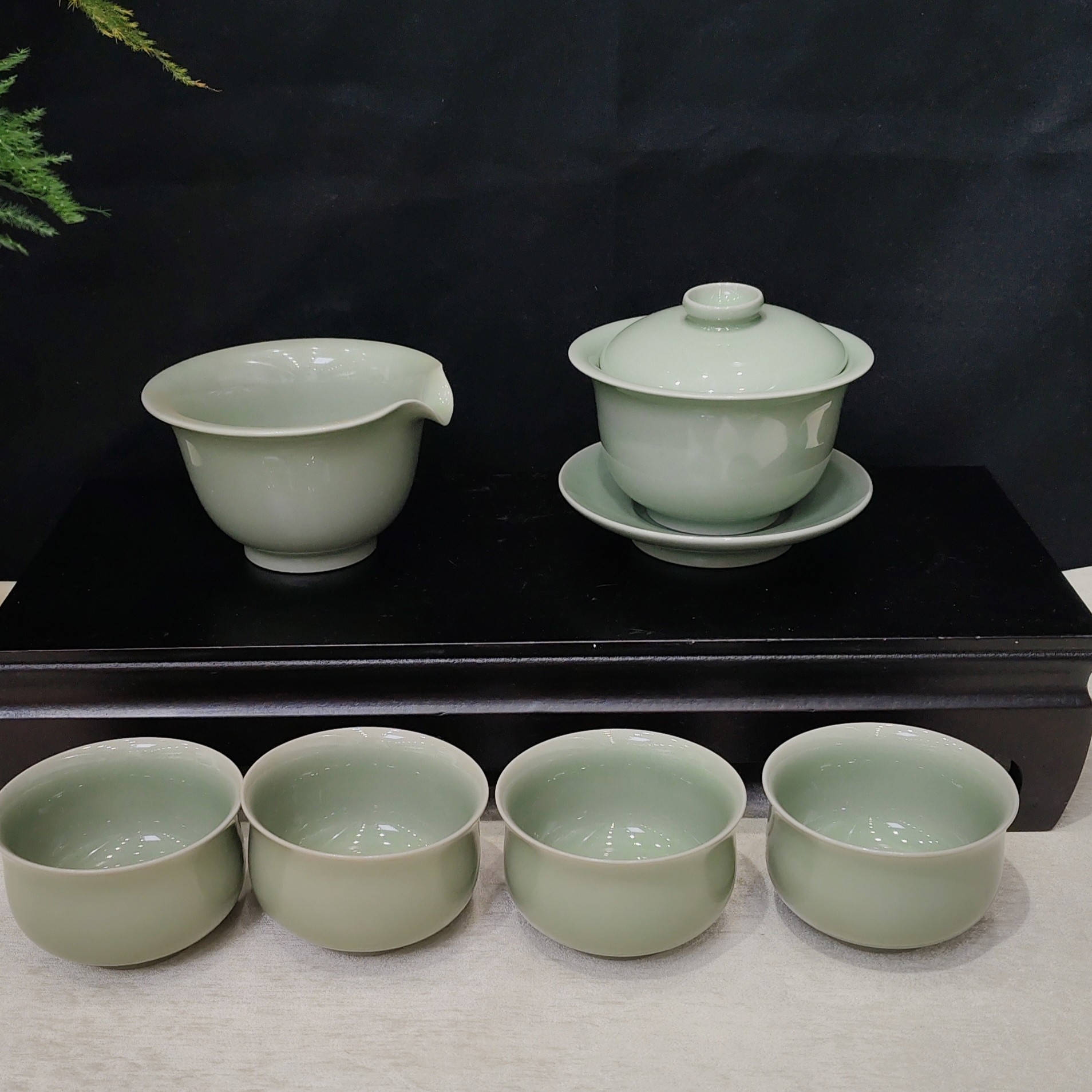 汝州原产地原矿釉豆青色盖碗套装带礼盒