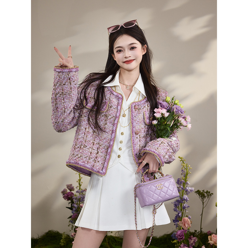 吞吞春秋季【印象派的春】如此娇美 幻彩紫金色时髦气质小香外套女