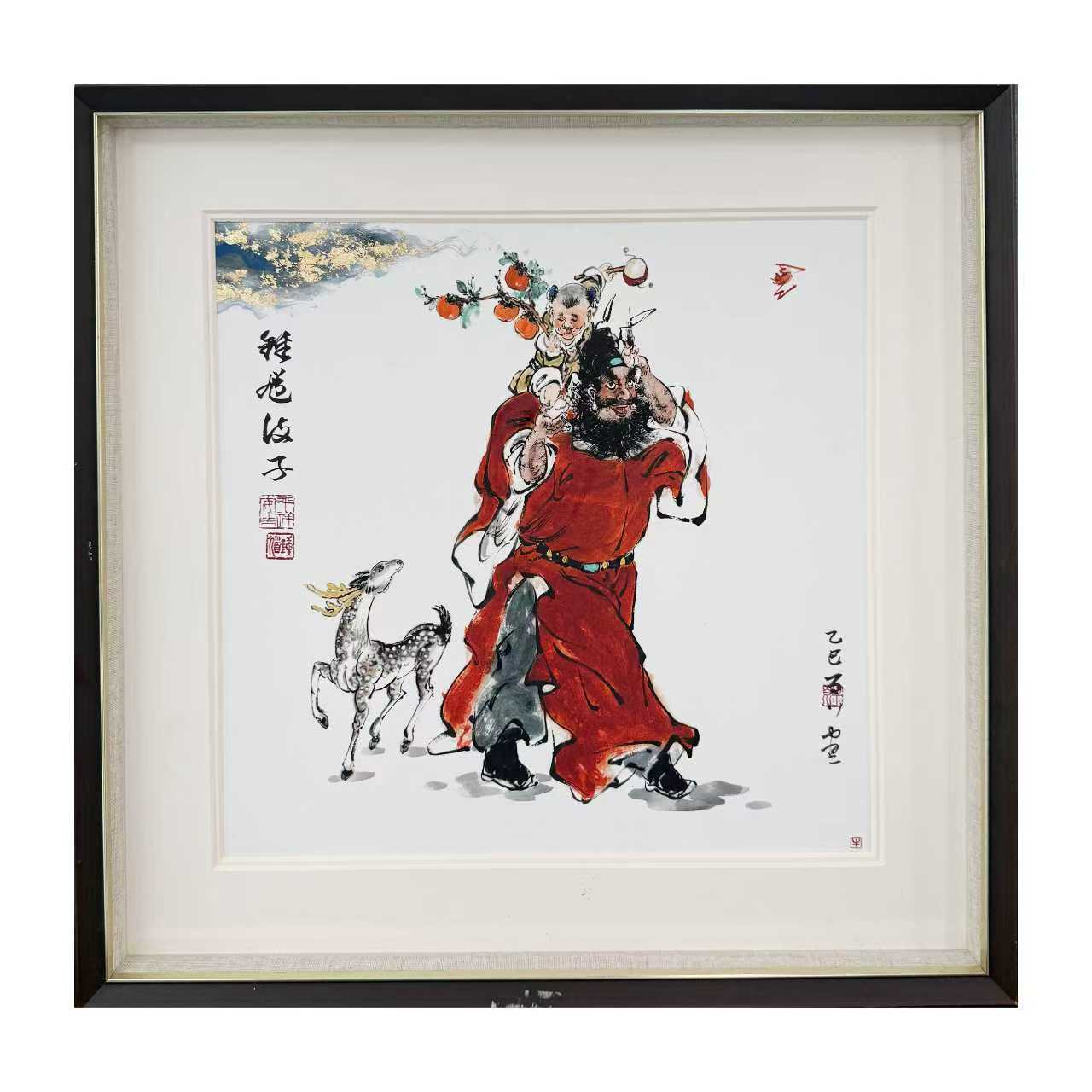 《钟馗护子》百川钟馗手绘朱砂岩彩玄关书房挂画A-05