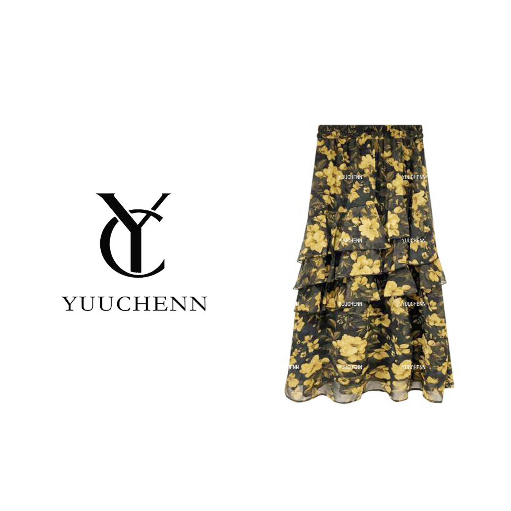 YUUCHENN 简约时尚气质松紧腰显瘦印花休闲半身裙25MZ-M25047