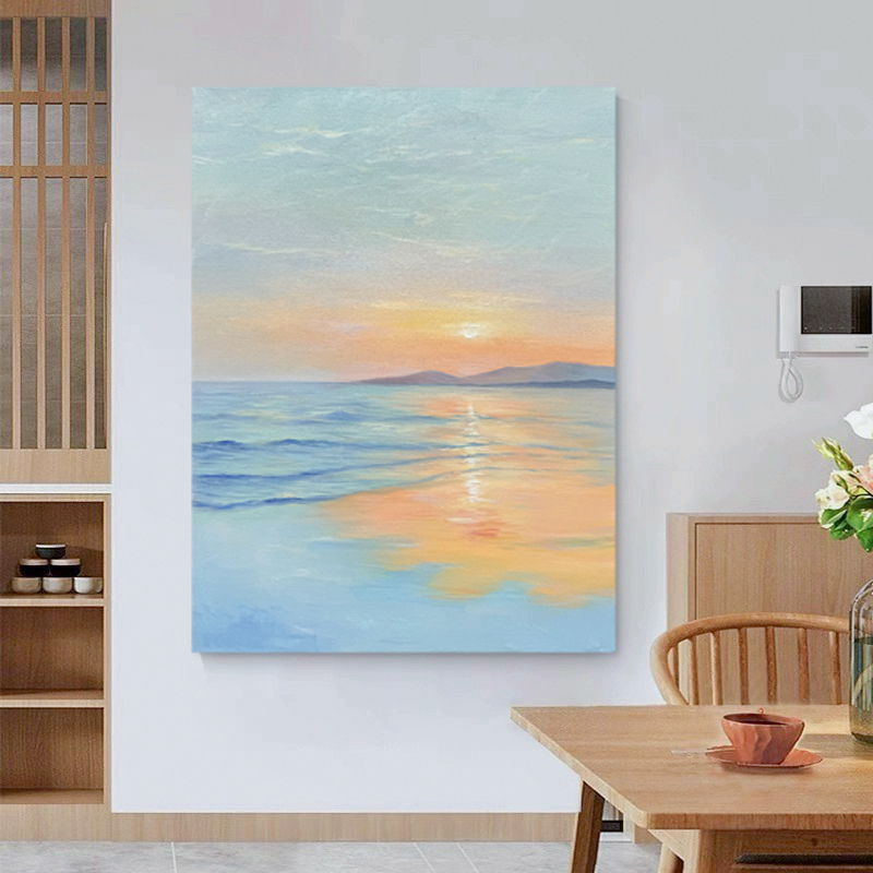 纯手绘油画《晨曦》现代客厅沙发装饰画清冷带暖日出玄关挂画海边画