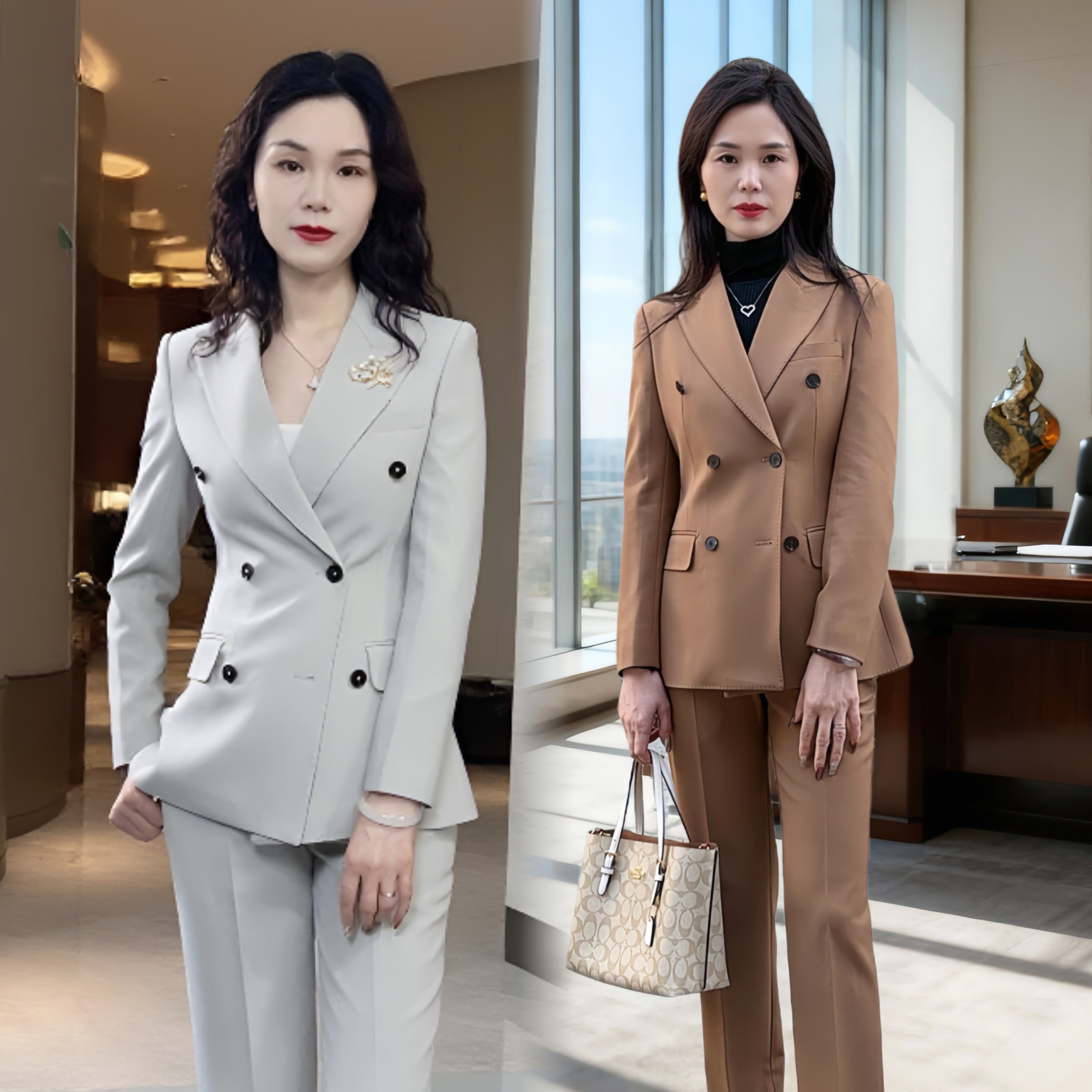 新款杏白女神卡其色秋冬双排扣抗皱商务职业时尚显瘦女士西服套装