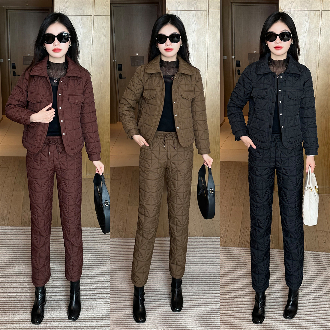 【婉星儿品牌】显瘦气质洋气时尚休闲格子棉衣套装冬季韩版加绒加厚