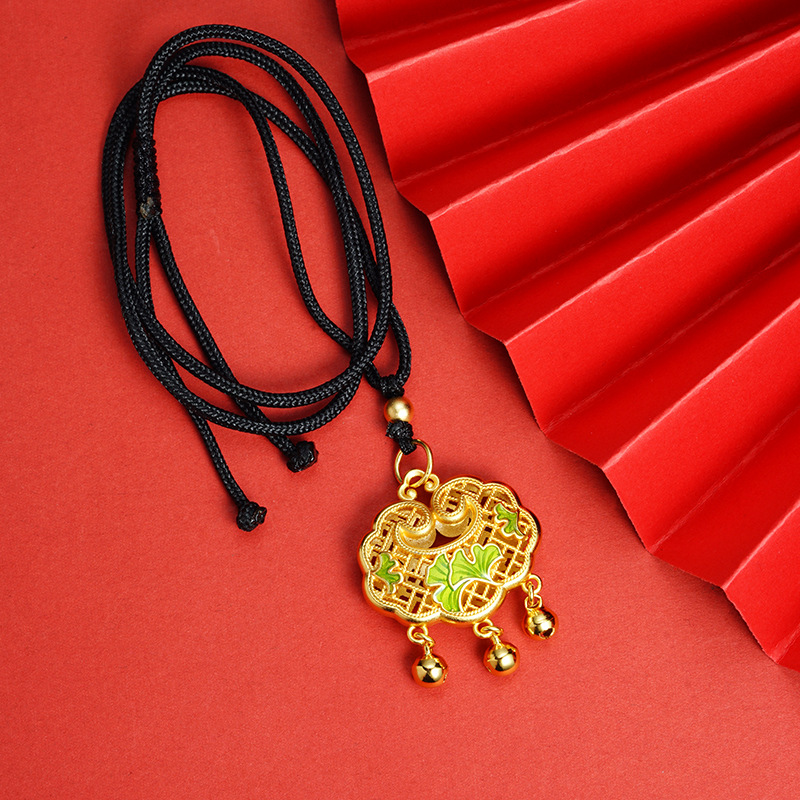 铜合金项链 民族风古法项链国潮银杏叶如意锁女复古高级感首饰