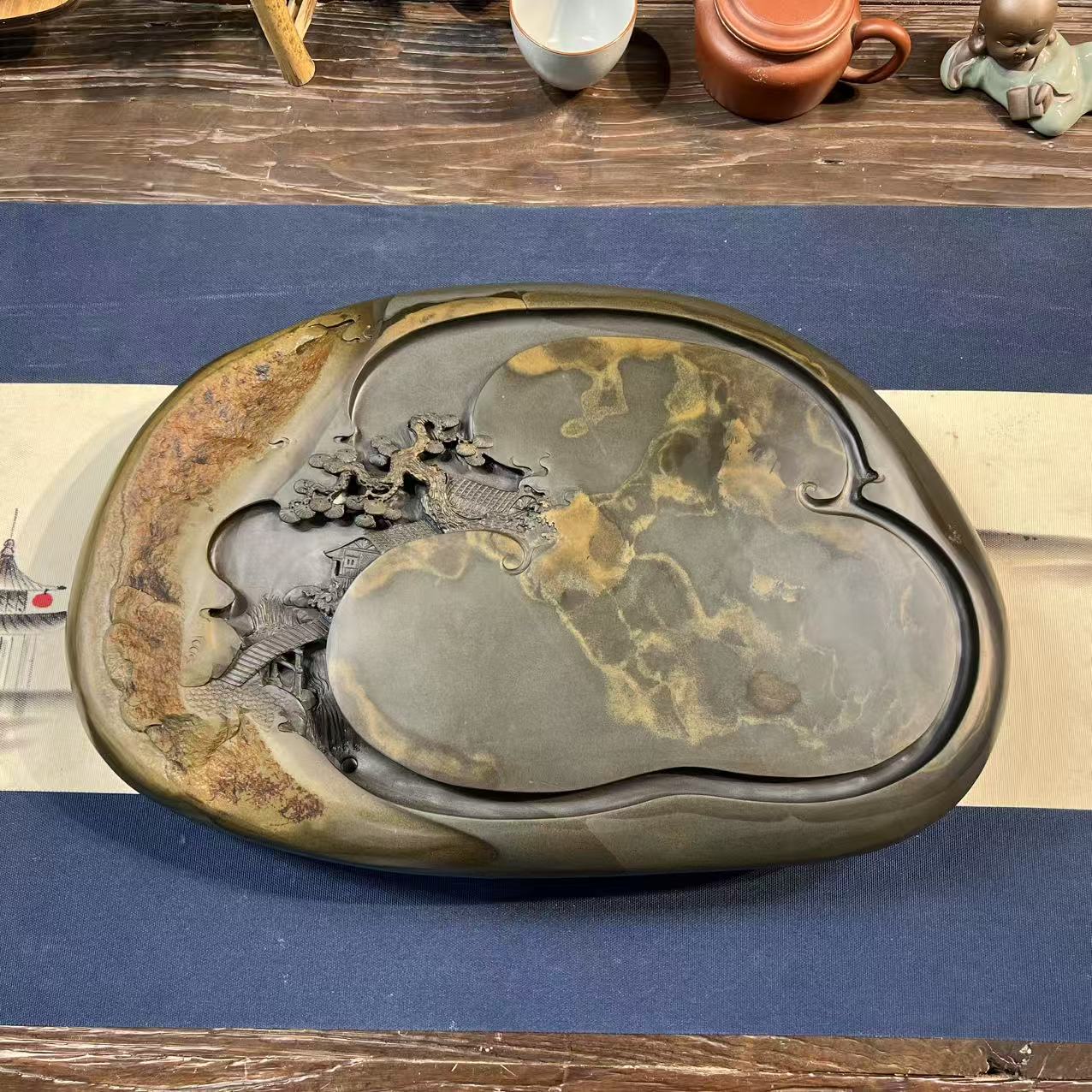 歙砚台石精品小籽料金晕简约款高端排水石头茶盘