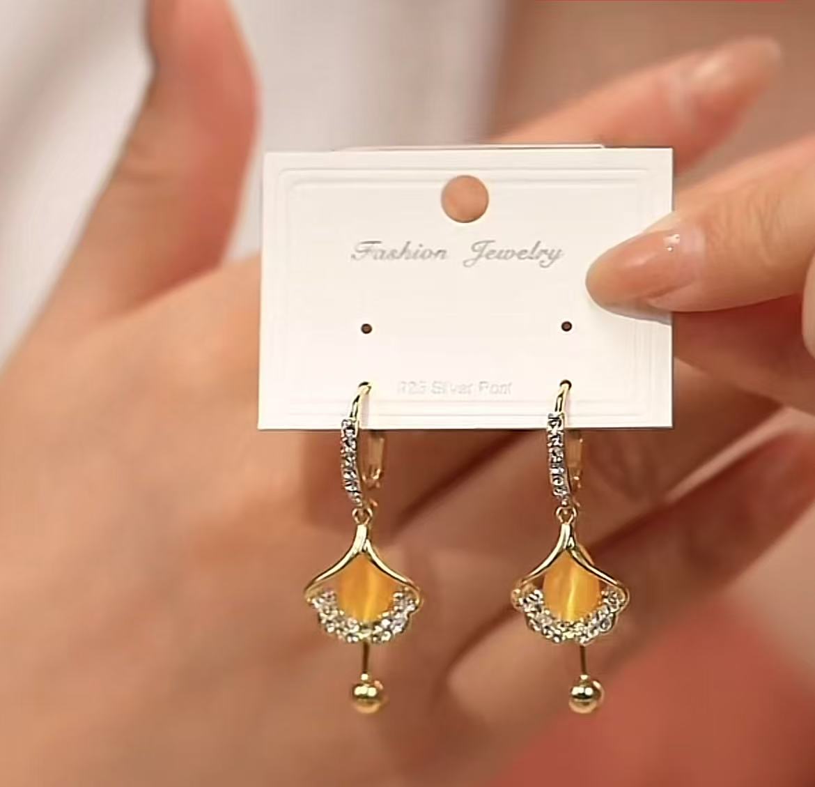 铜合金仿水晶耳饰 时尚气质百搭黄色耳环5679