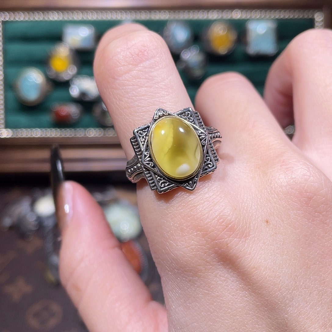 琥珀银S925镶嵌戒指