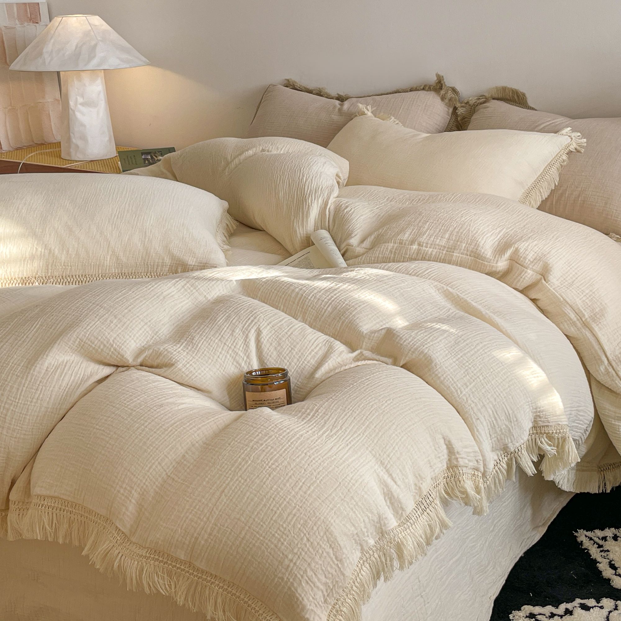 小玲子家纺 法式双层皱皱纱流苏 全棉四件套公主风纯色三件套