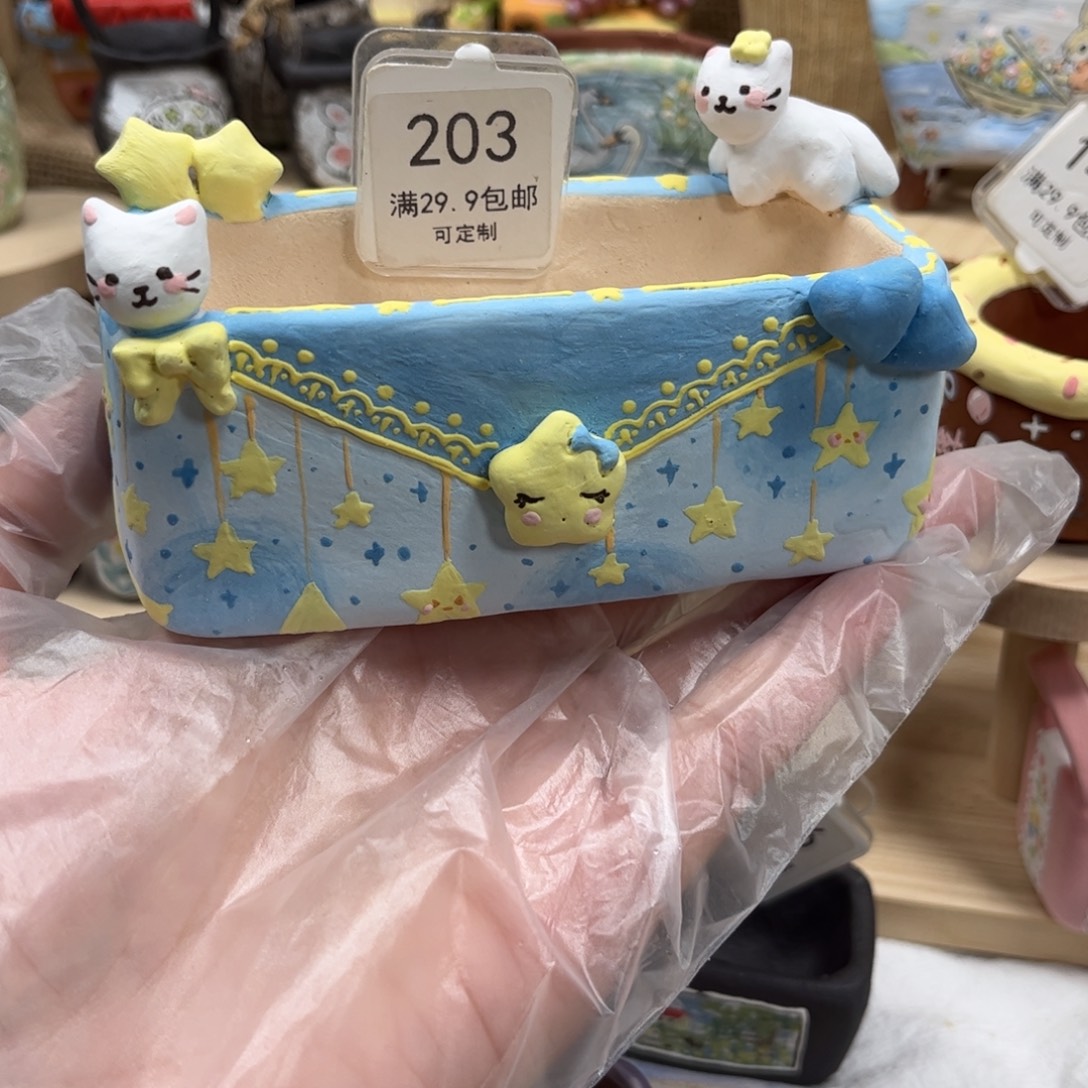 画***203猫咪长方花盆手绘