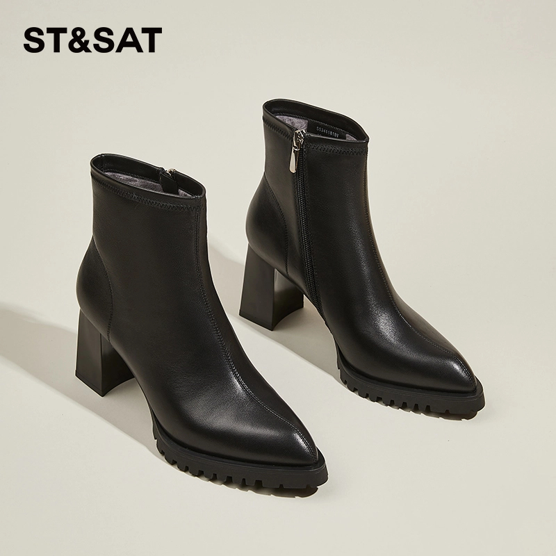 星期六羊皮尖头高跟短靴粗跟冬季新款黑色气质女靴加绒保暖瘦瘦靴