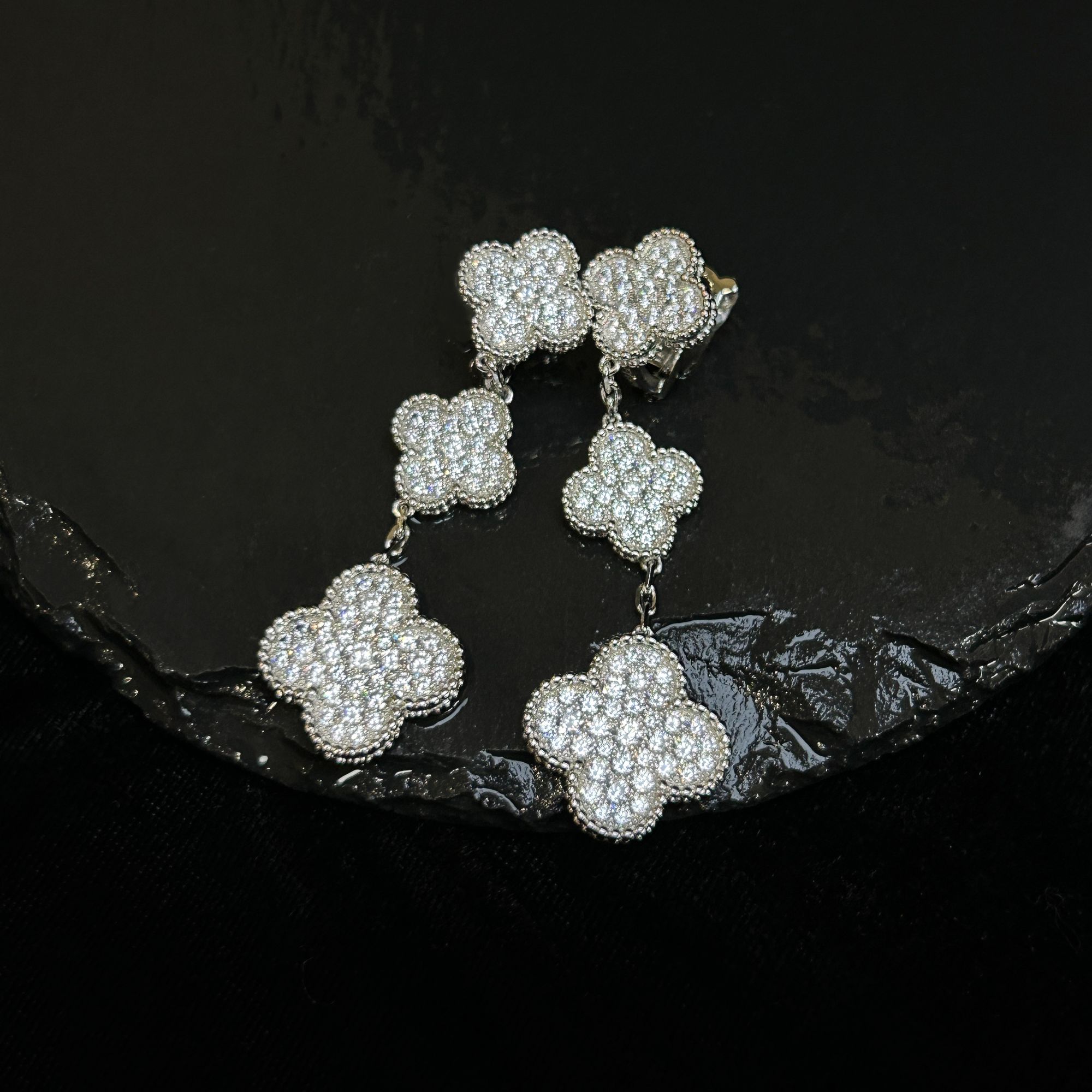 925银合成锆石耳饰 经典手工长款精致精美网红镶嵌满3花4叶耳饰