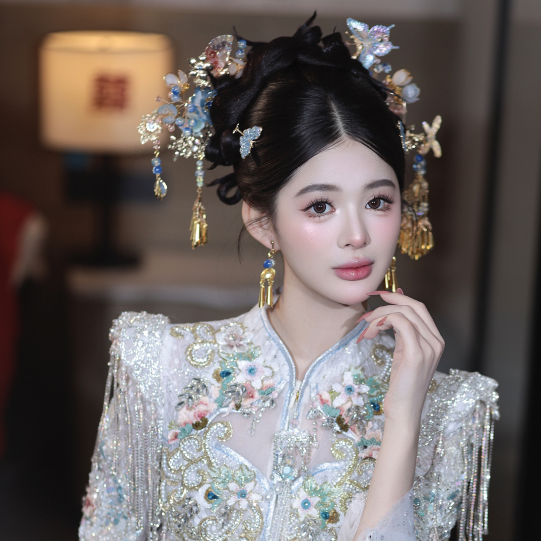 新娘头饰结婚步摇气质古风蓝色