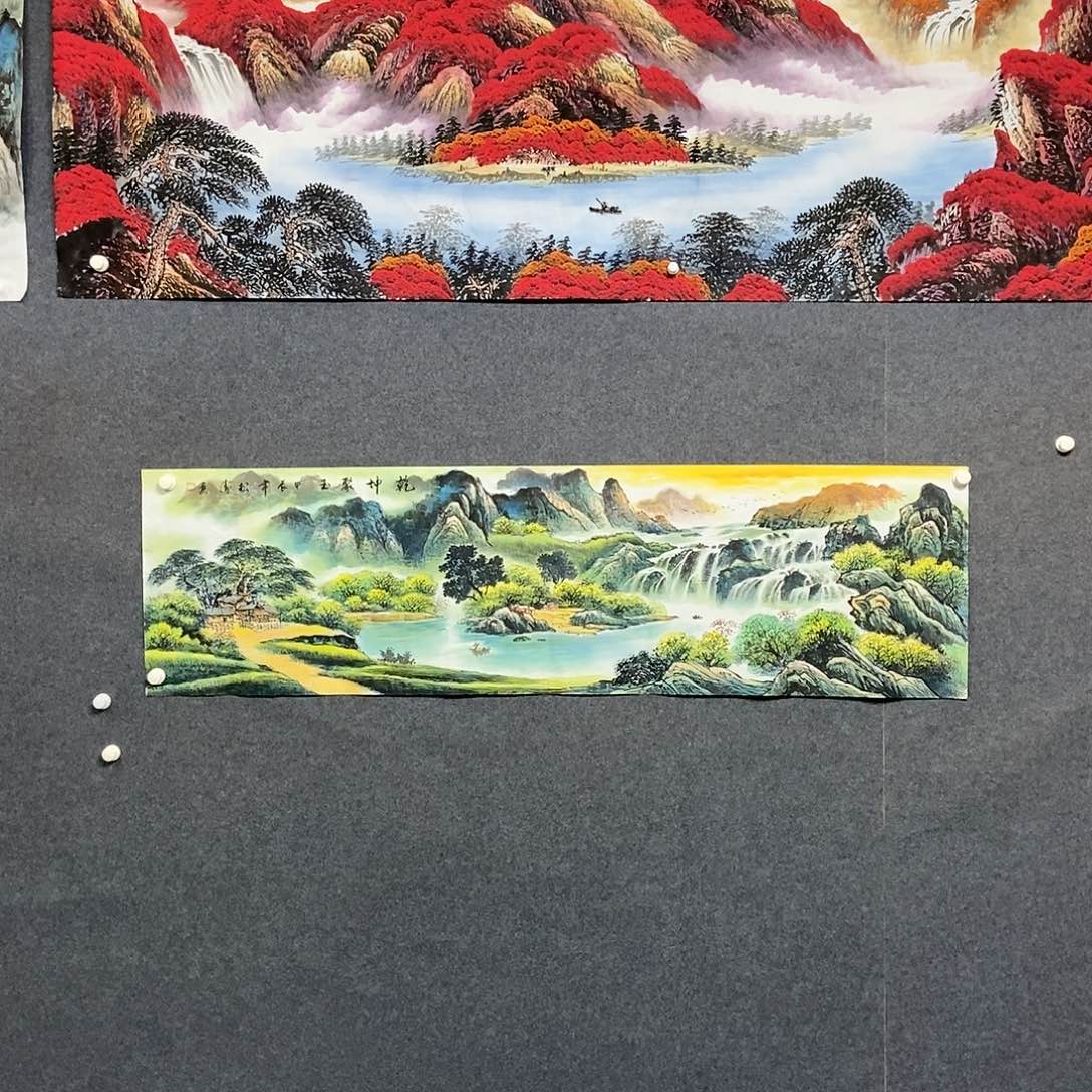 国画六尺对开山水一副