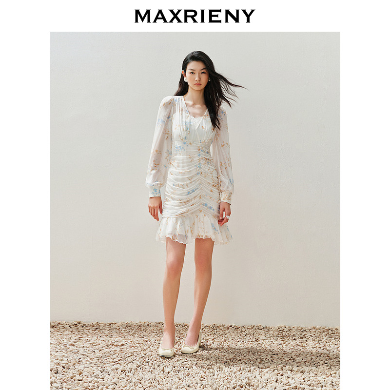 【英式雅皮士-商场同款新品】MAXRIENY复古浪漫蕾丝荷叶连衣裙