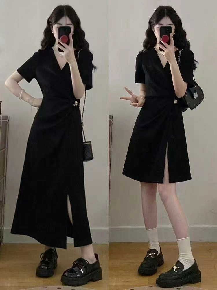 短袖A字裙中长裙大码连衣裙法式甜美风绑带夏季