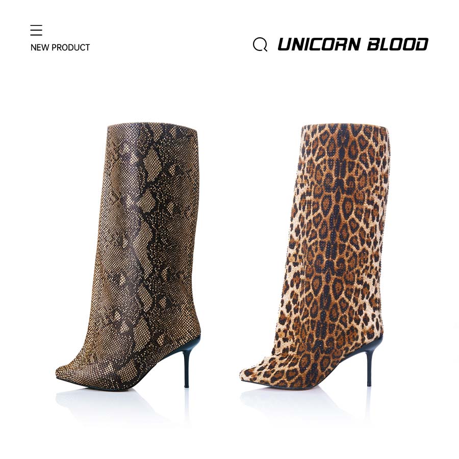 UNICORN BLOOD一体水桶裤管靴亮钻豹纹仿鳞蛇纹欧美秀款高跟靴