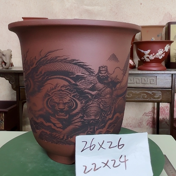 紫砂花盆刻绘关羽