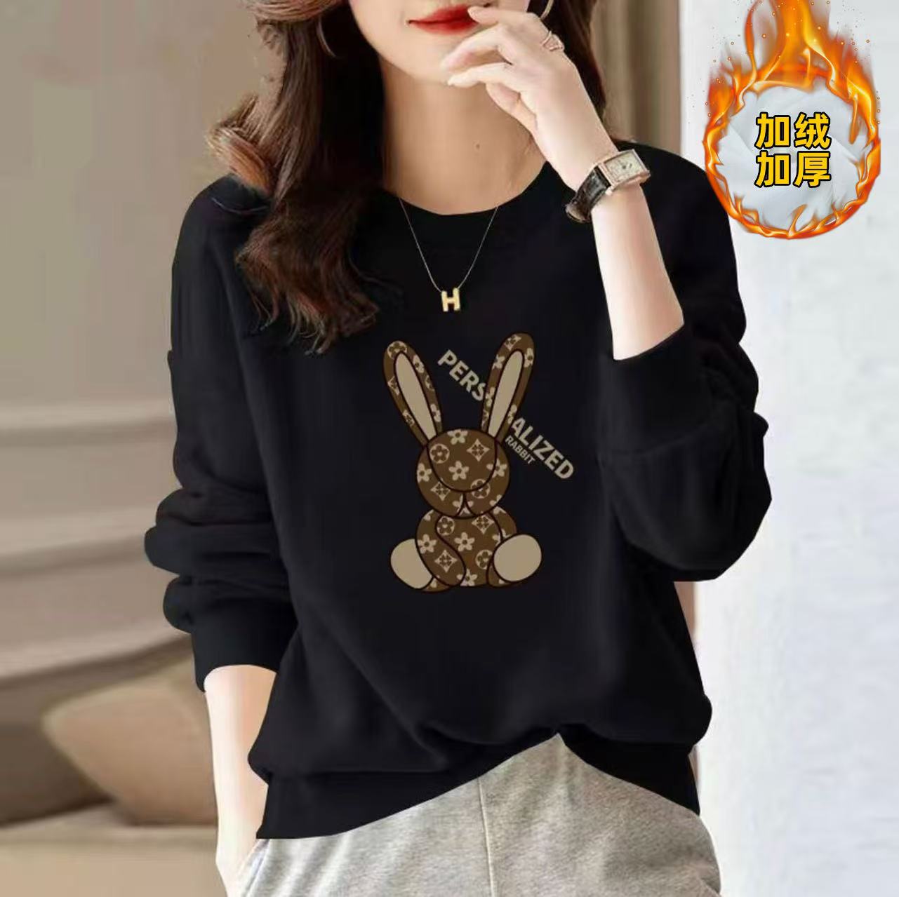 【加绒加厚】秋冬圆领卫衣休闲时尚百搭男女长袖印花卫衣 灰兔