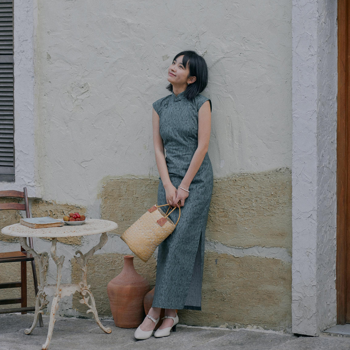 茉茉夏季新 小连袖有省半开襟长款 复古日常改良苎麻棉旗袍 青简