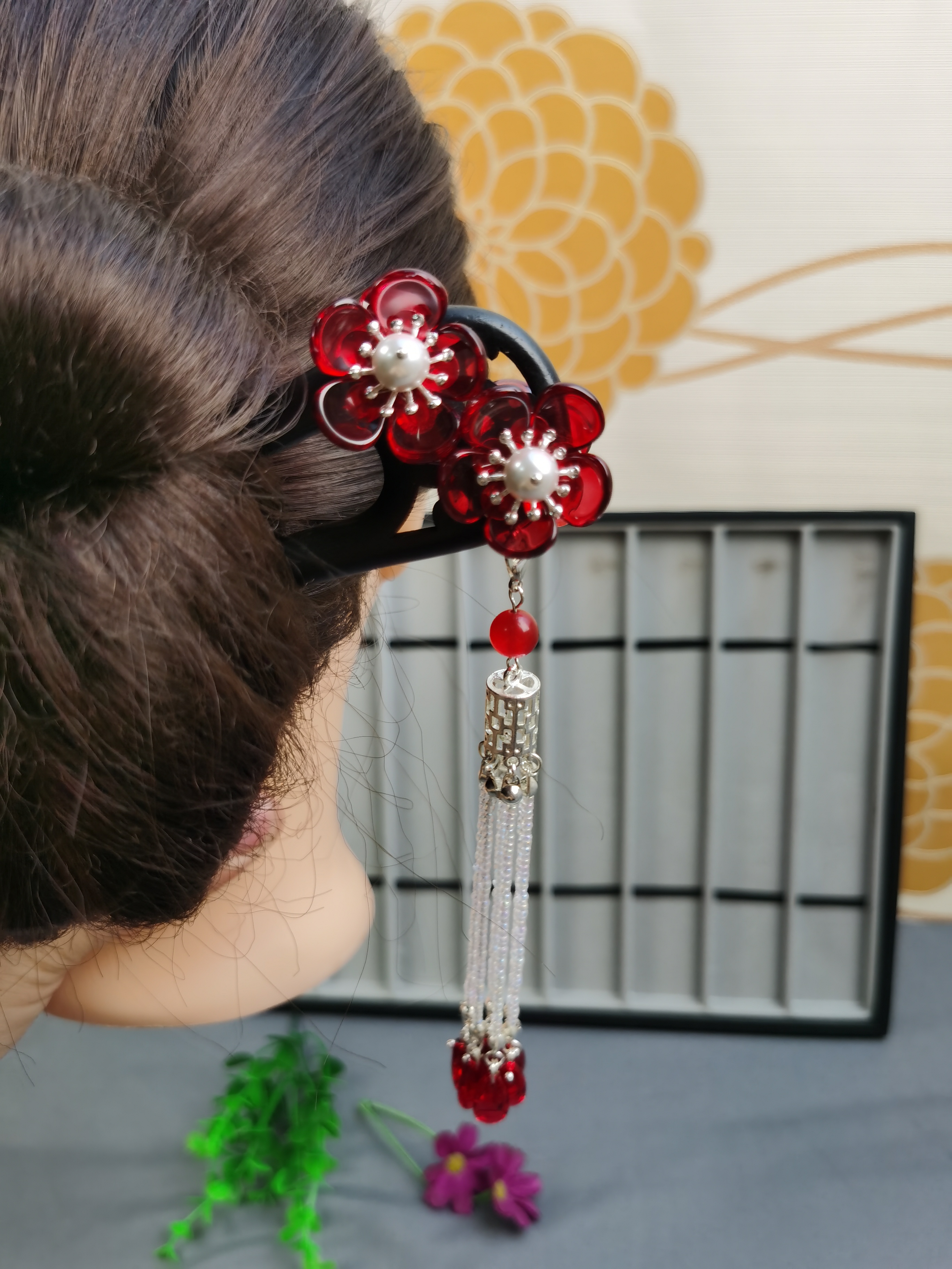 双面手工编织红色梅花黑檀木发钗发簪步摇流苏古风盘发簪簪子步摇