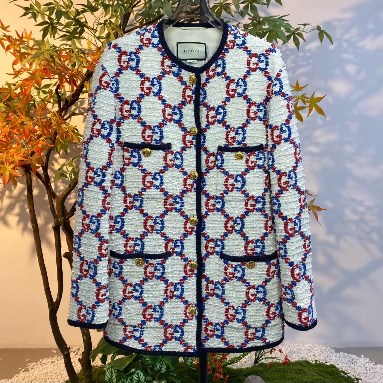 99新 GUCCI/古驰 251106/40码/双G拼色Logo满印粗花呢开衫