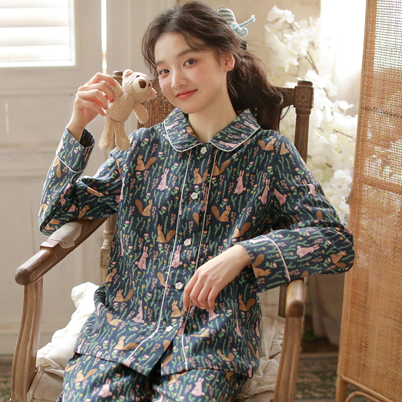 春夏女士纯棉睡衣双层棉纱开门襟活性印染花卉套装长袖长裤家居服