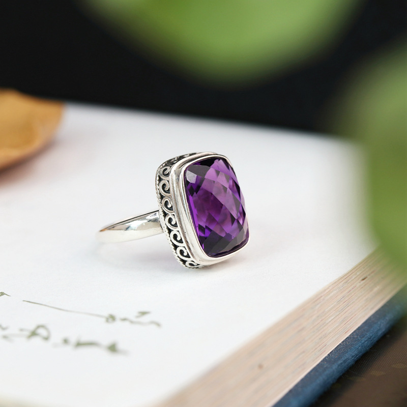 925银戒指 s925银紫水戒指女批发复古做旧印尼风长方形戒