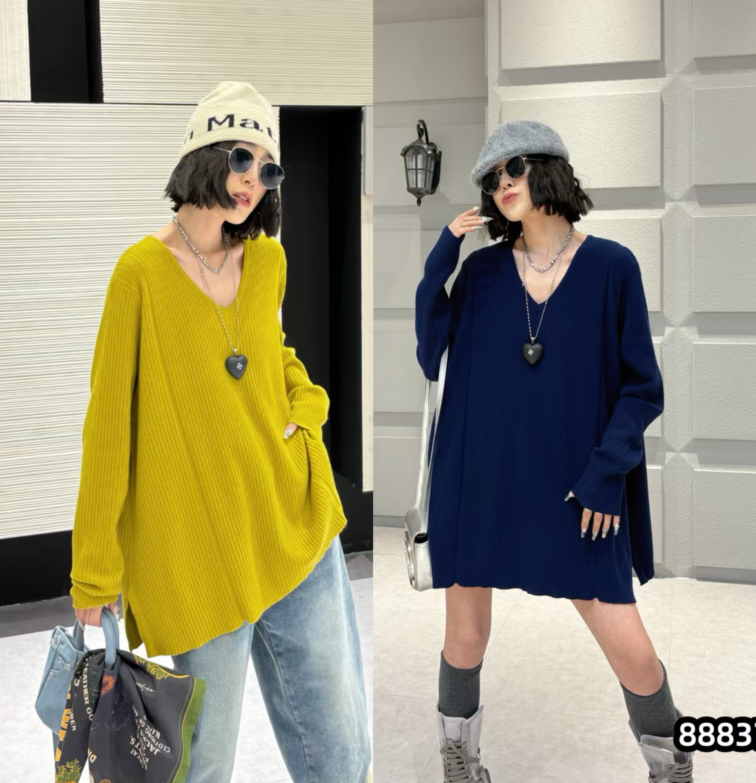 孕妇V领中长款遮屁股毛衣女百搭秋冬宽松洋气大码针织打底衫88837