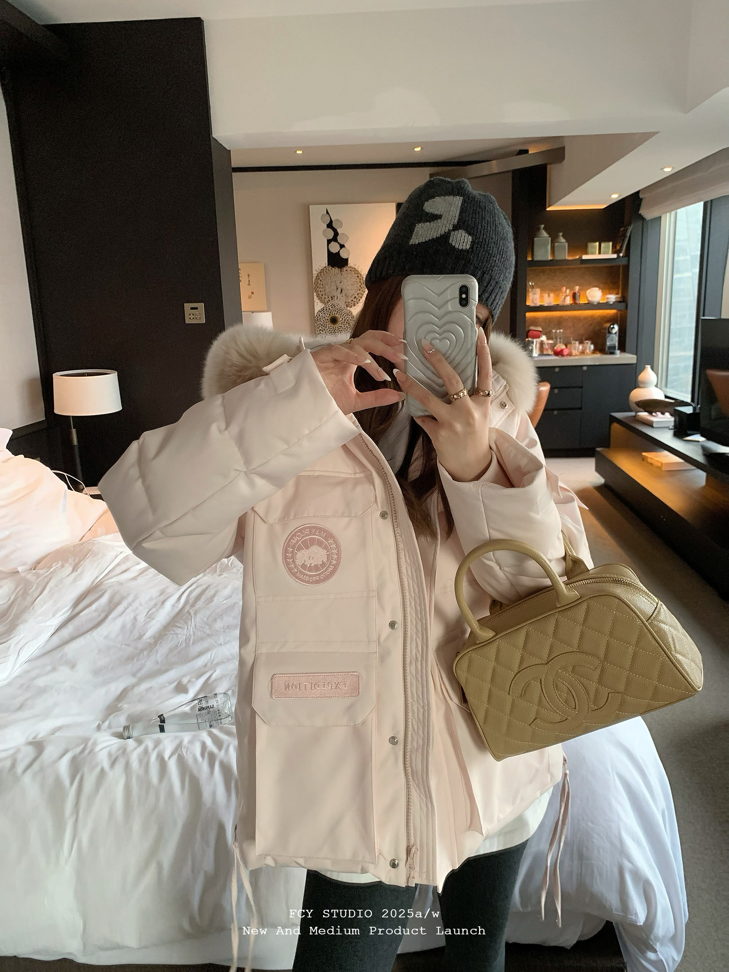 粉色派克服工装棉服女短款2025冬季新款小个子毛领加厚外套棉衣潮