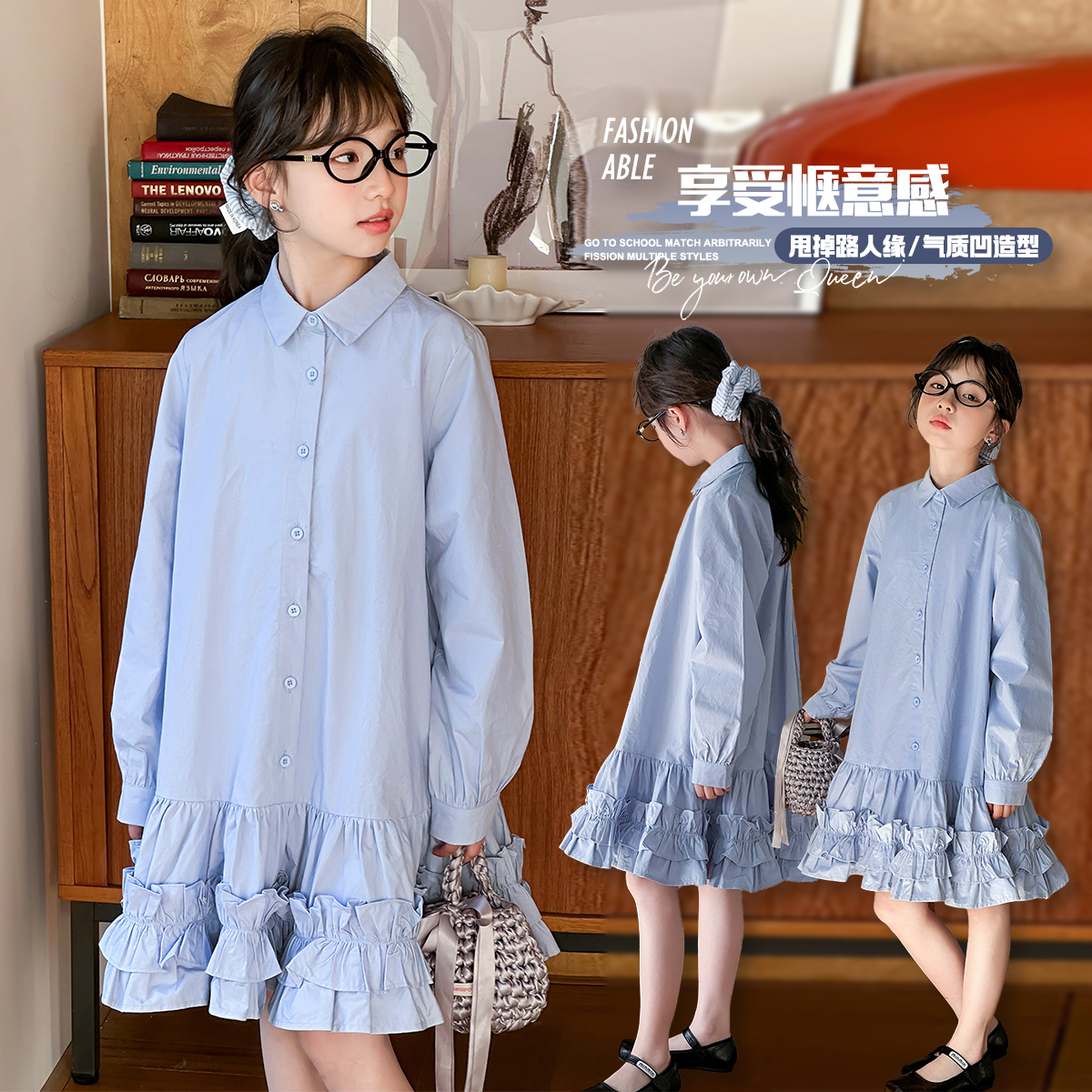 女童女孩新品连衣裙中大童棉布蓝色衬衣裙长袖衬衫牛仔裤裙大版