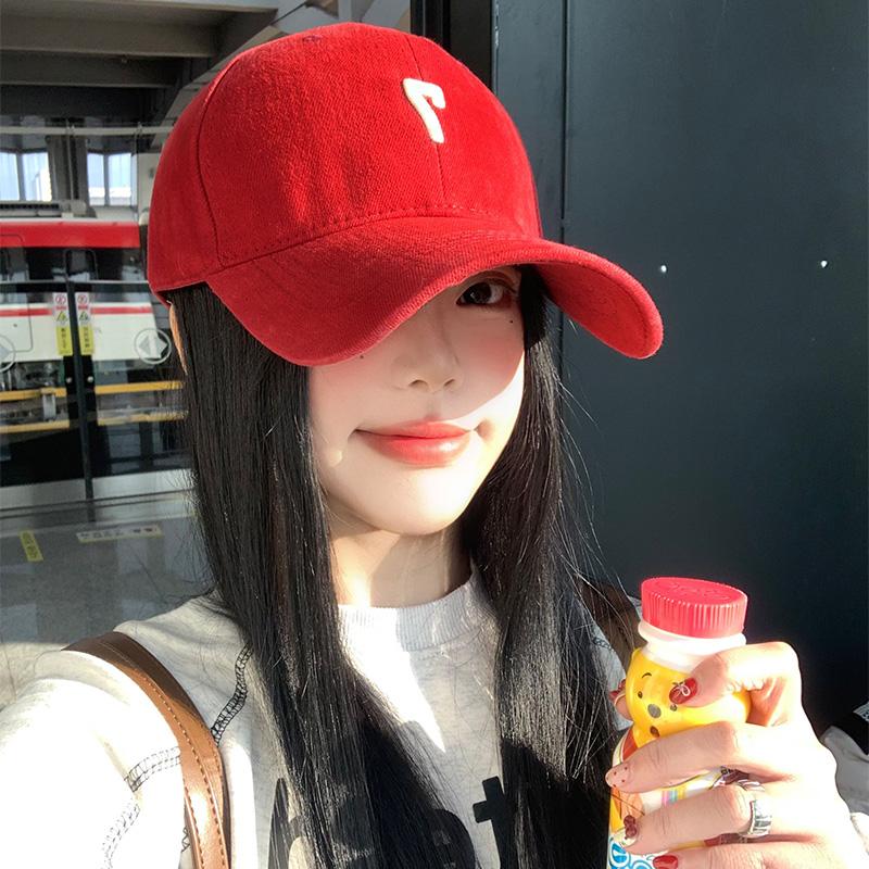 红色棒球帽女新款韩版百搭大头围深顶鸭舌帽宽帽檐大脸显脸小帽子