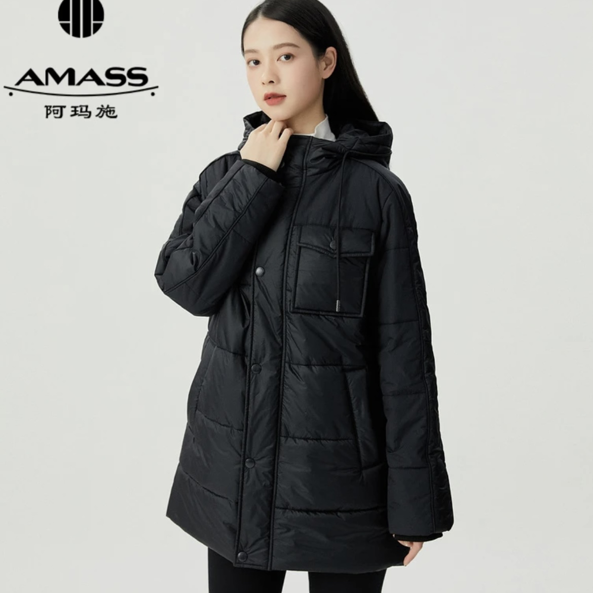  阿玛施AMASS冬季保暖横压褶冲锋衣式时尚中长款连帽棉服 5400612