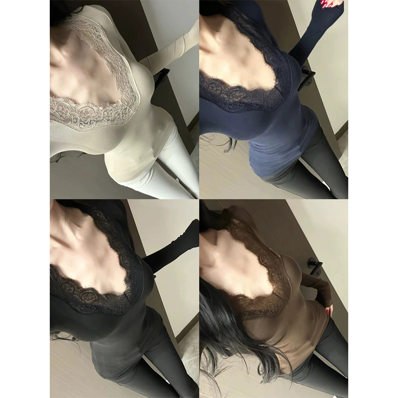 初冬纯欲风v领蕾丝拼接加绒打底衫弹力修身内搭T恤上衣1989