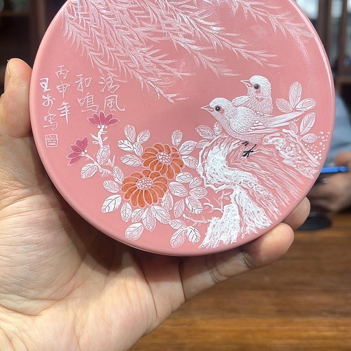 摆件景德镇桃红秞花鸟纹印盒