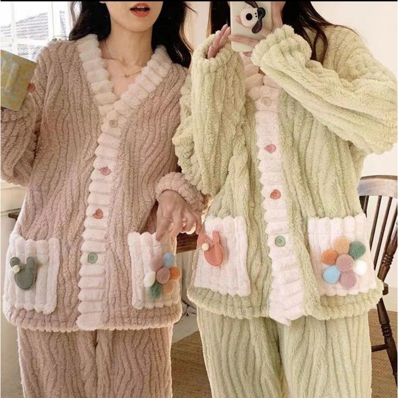 彩虹开衫两件套睡衣套装秋冬新款甜美法兰绒家居服加厚保暖可外穿
