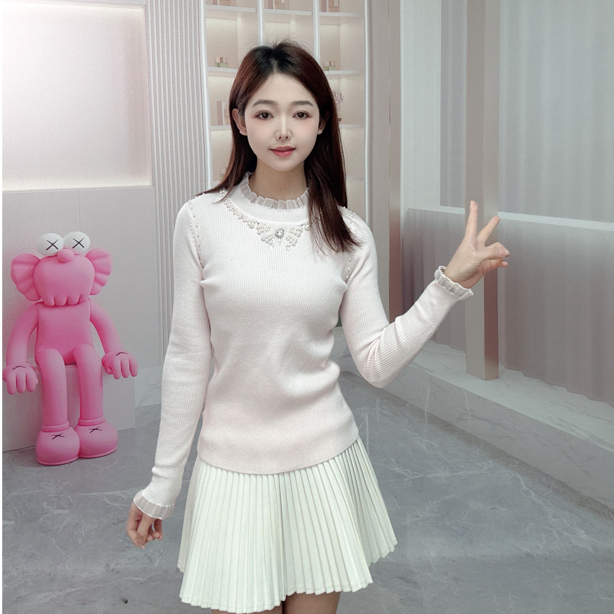 显瘦修身温柔甜美风针织秋钉珠冬款打底毛针织衫4254322808