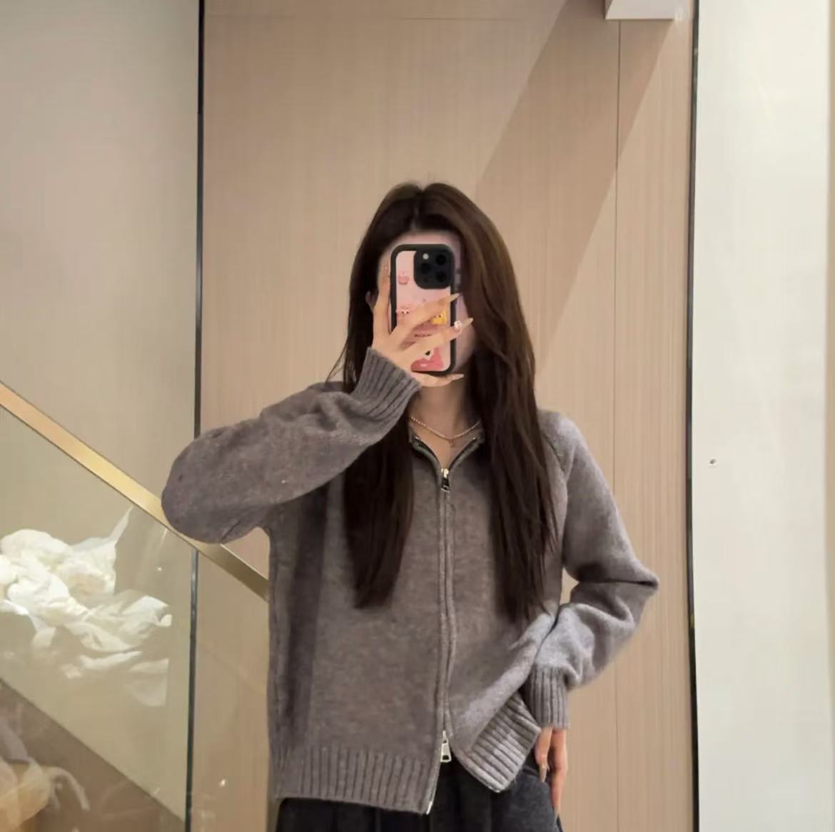 韩系双链接设计感纯色连帽针织开衫女简约高品质新款开衫