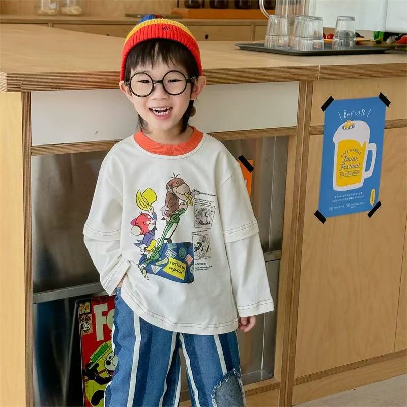 儿童休闲假两件T恤2025春装新款男童洋气拼色卡通印花上衣中小童