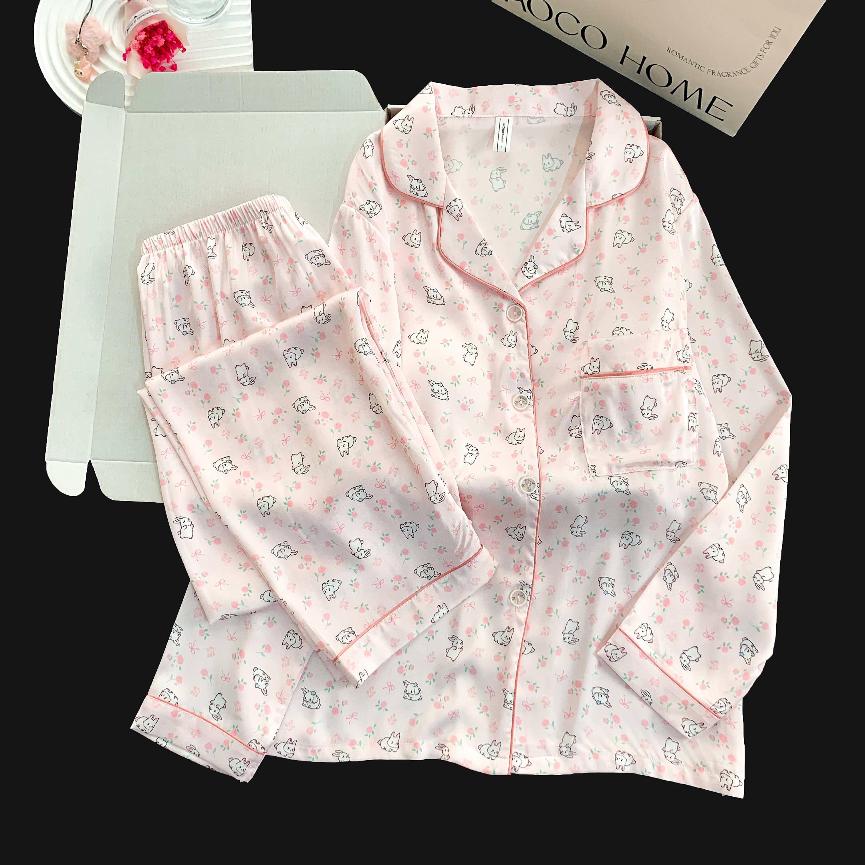 【兔子小花】长袖长裤带胸垫睡衣女防静电春秋季休闲家居服套装轻奢