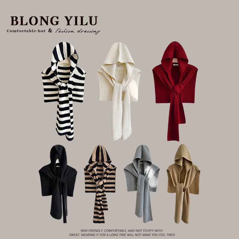 设计感条纹针织连帽披肩女秋冬新款保暖围巾帽子一体外搭护颈围脖